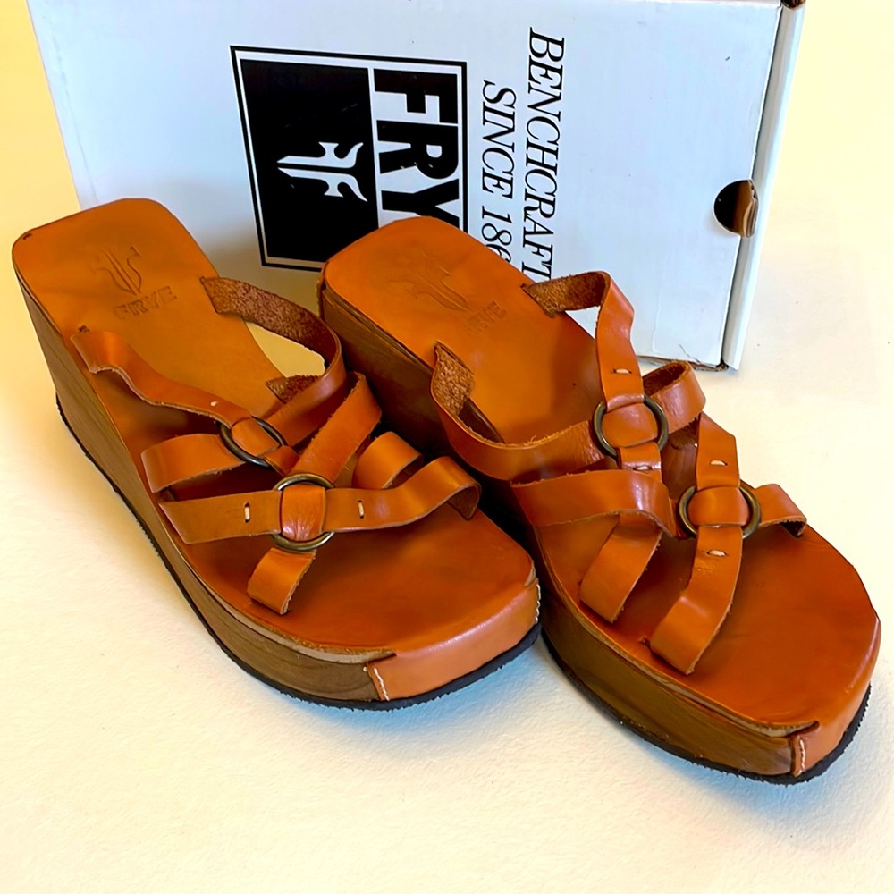 EUC Frye Leather sandals with genuine wood platform soles